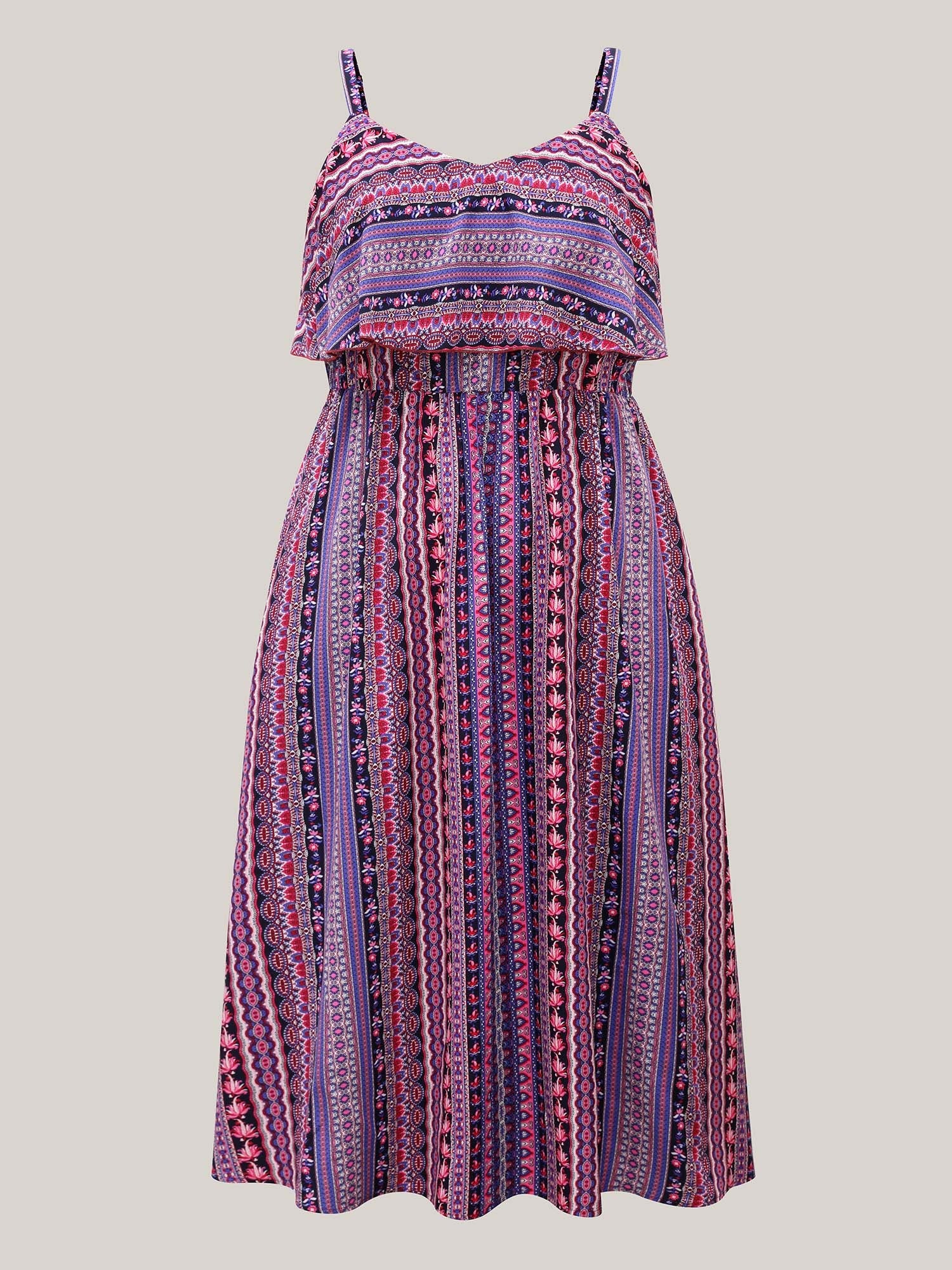 Boho Print Stretchy Waist Pockets Midi Dress