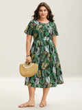 Tropical Escape Print Pockets Tiered Midi Dress