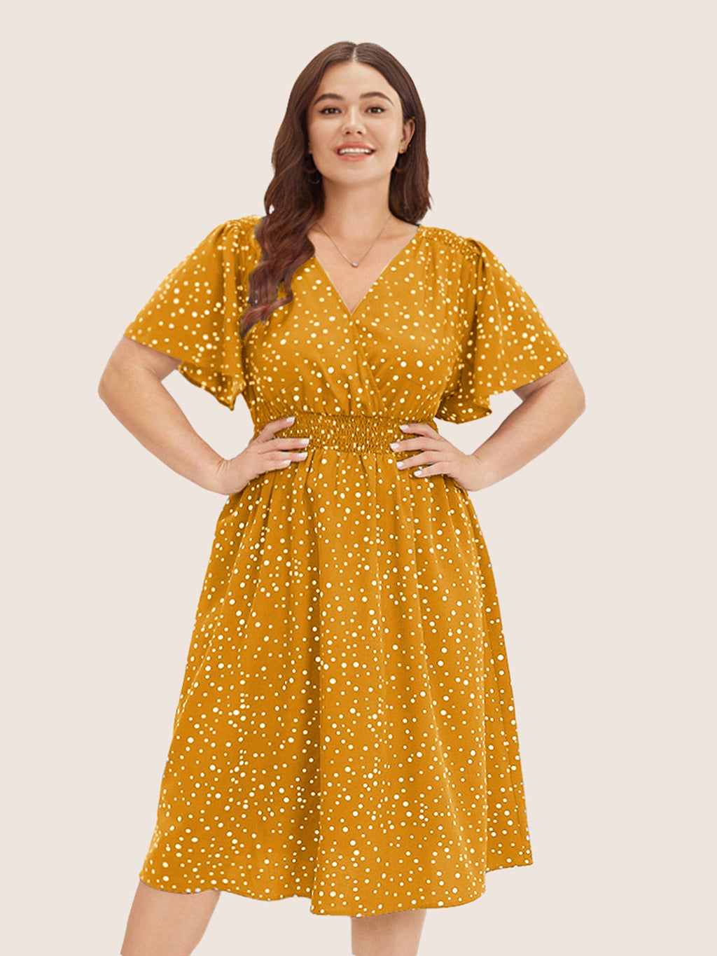 Polka Dot Wrap Pocket Shirred Ruffle Sleeve Dress