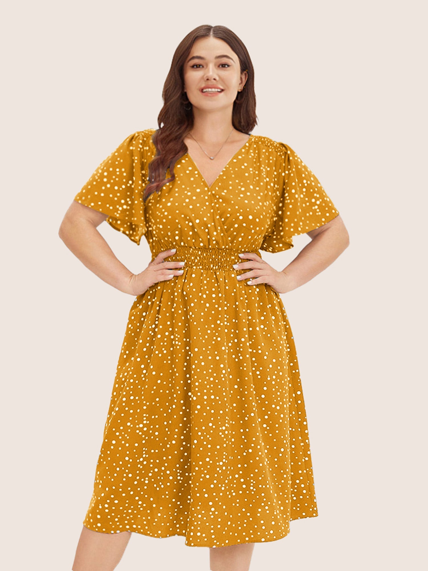 Polka Dot Wrap Pocket Shirred Ruffle Sleeve Dress