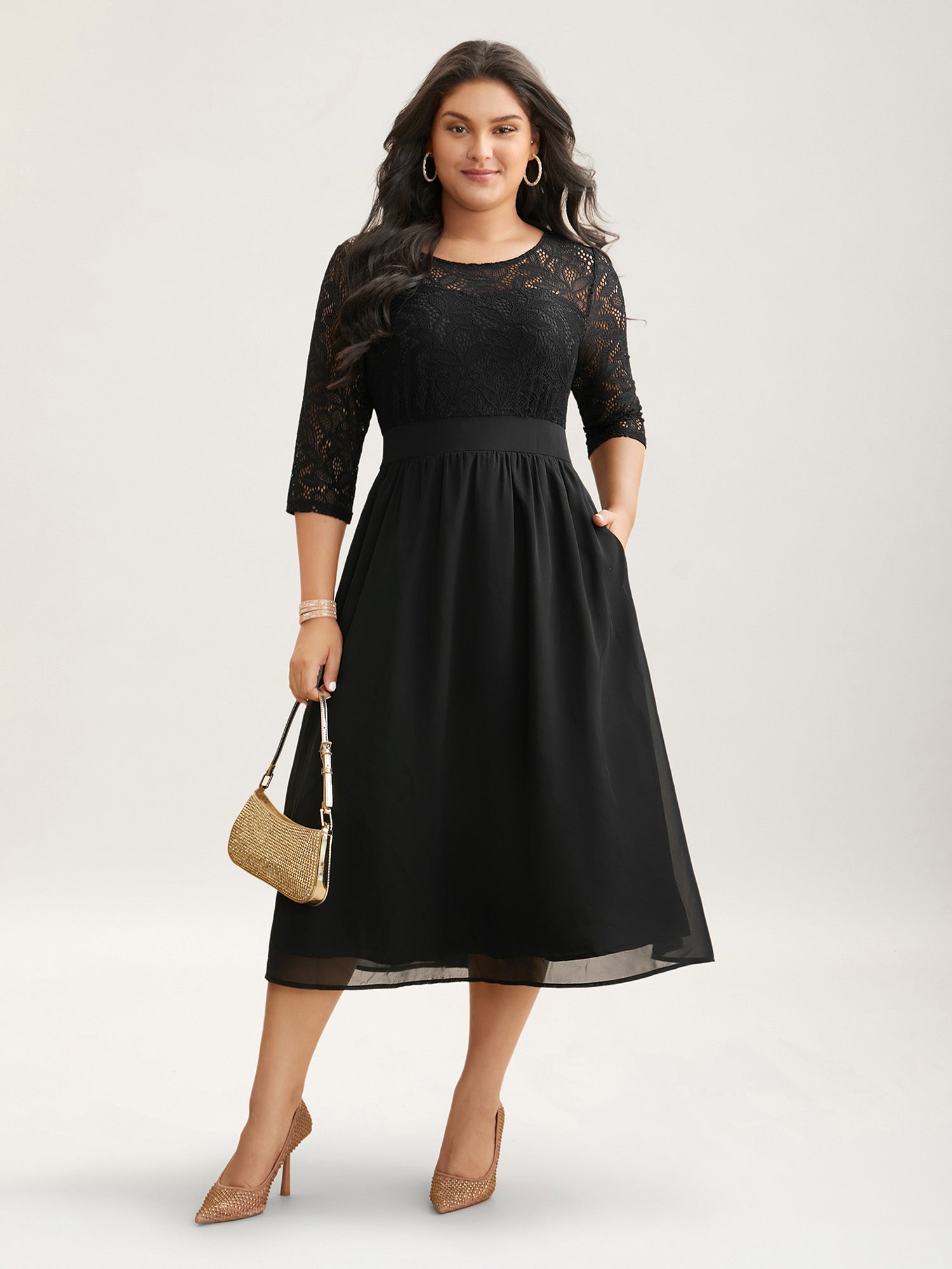 Lace Patchwork Shirred Midi Pocket Dress