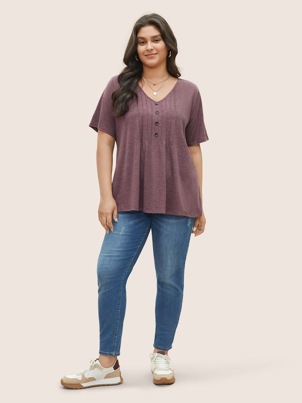 Solid Pleated Front Button Detail V Neck T-shirt