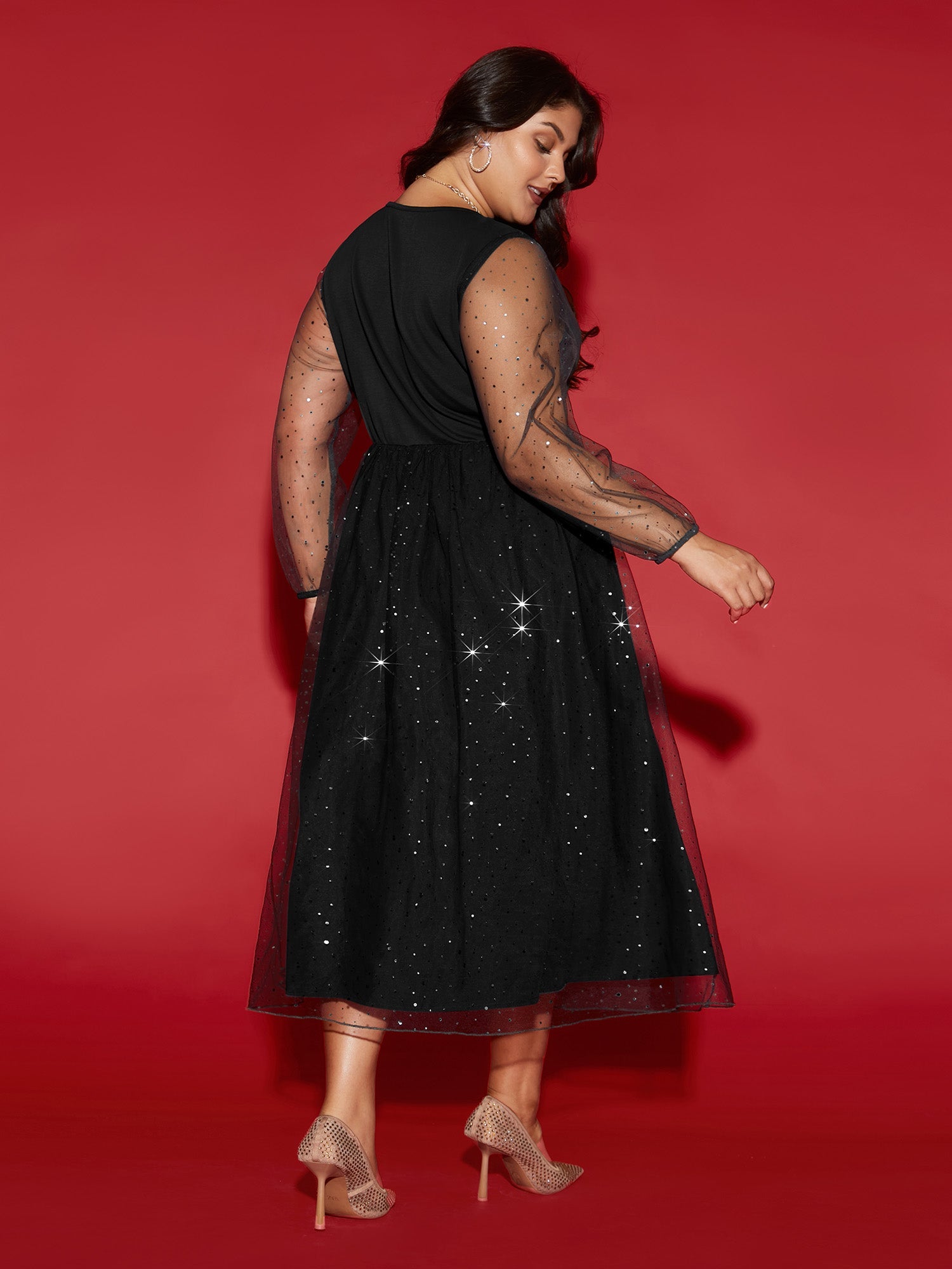 Sheer Mesh Shimmering Sequins Maxi Dress