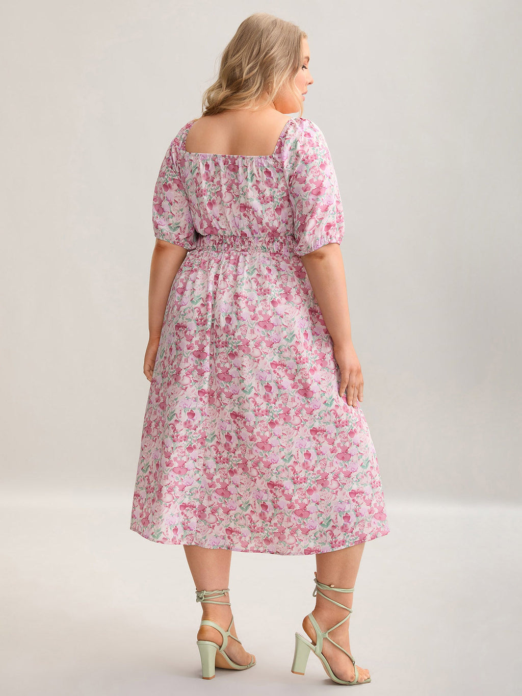 Floral Print Shirred Waist Pockets Midi Dress