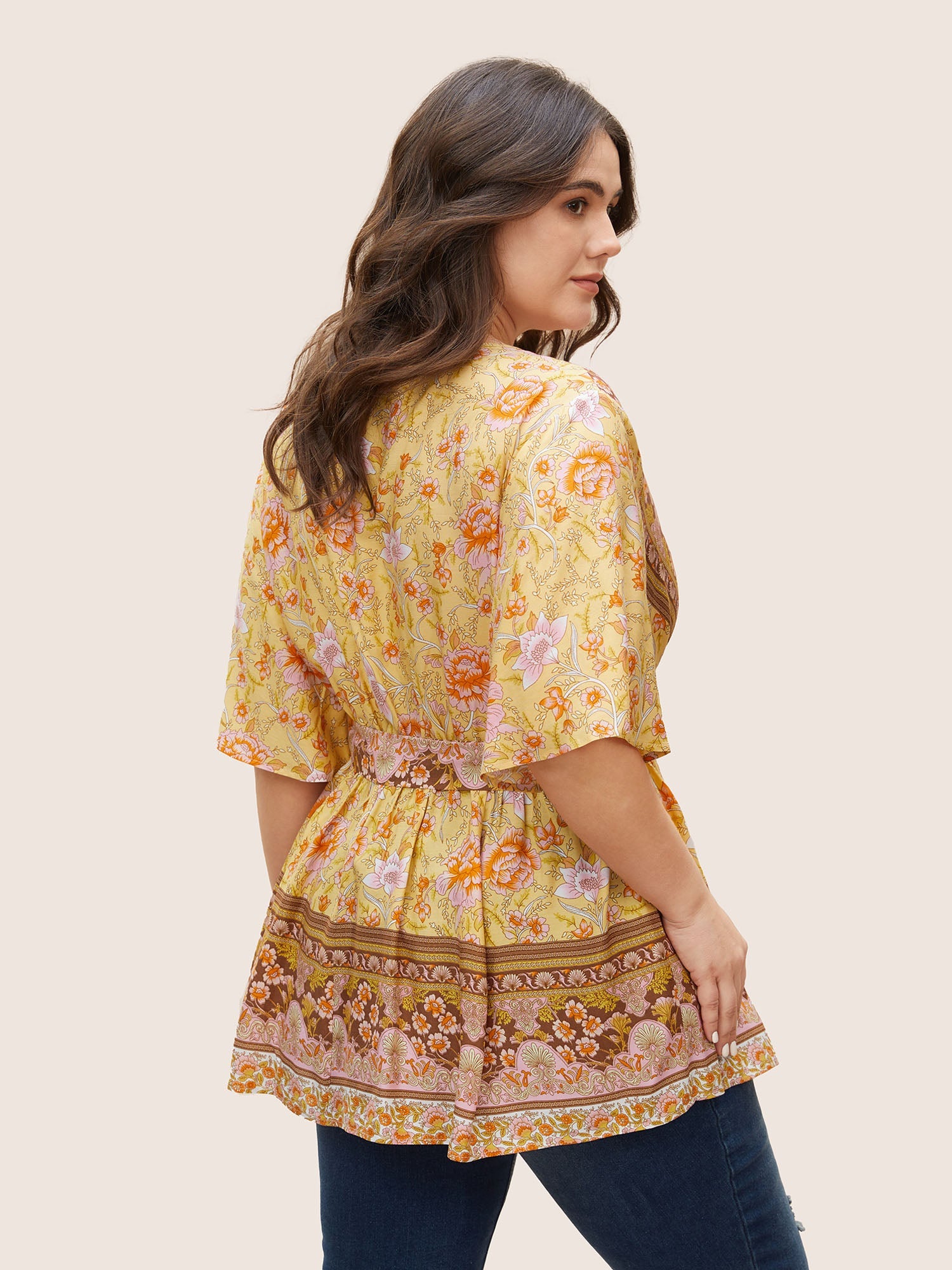 Floral Print Ruffles Belted Blouse