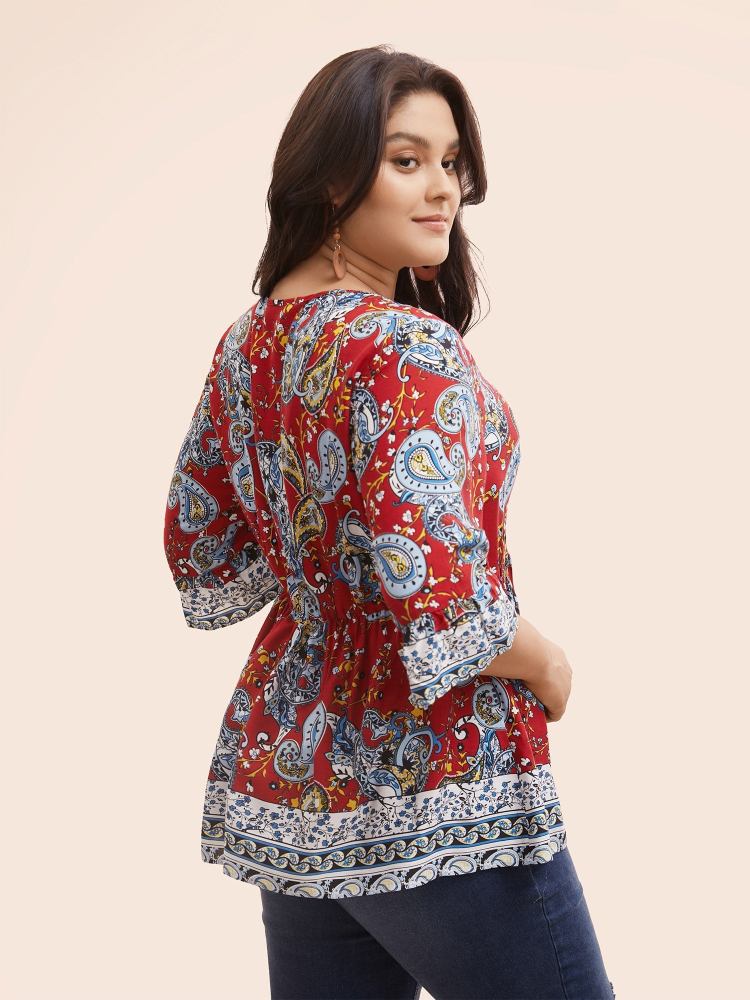 Boho Print Tie Knot Tassels Crisscross Blouse