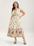 Floral Print V-Neck Waist-Cinched Dress