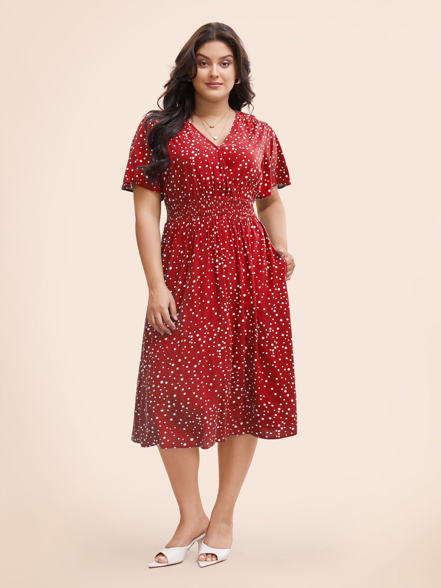 Polka Dot Wrap Pocket Shirred Ruffle Sleeve Dress