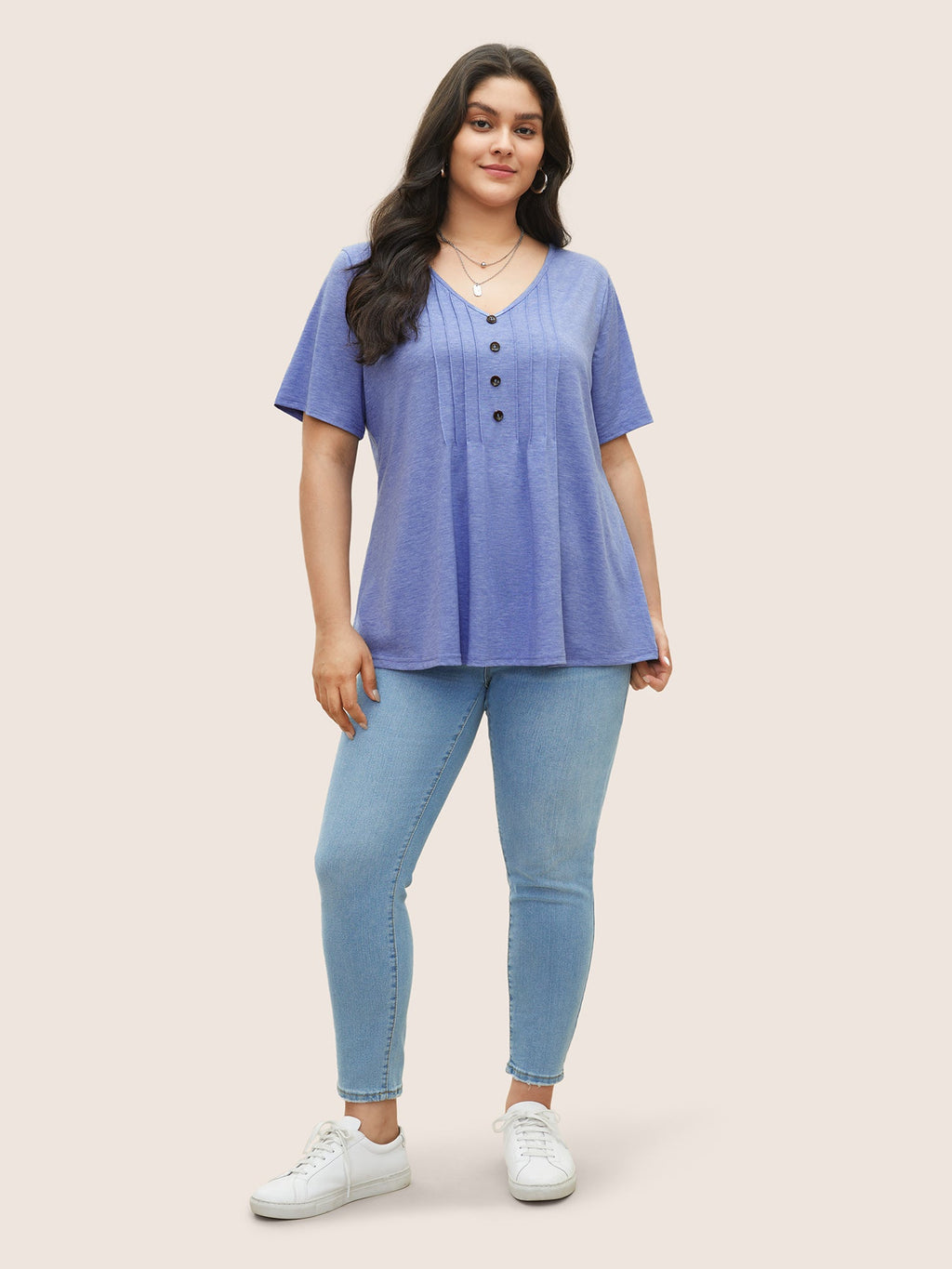 Solid Pleated Front Button Detail V Neck T-shirt
