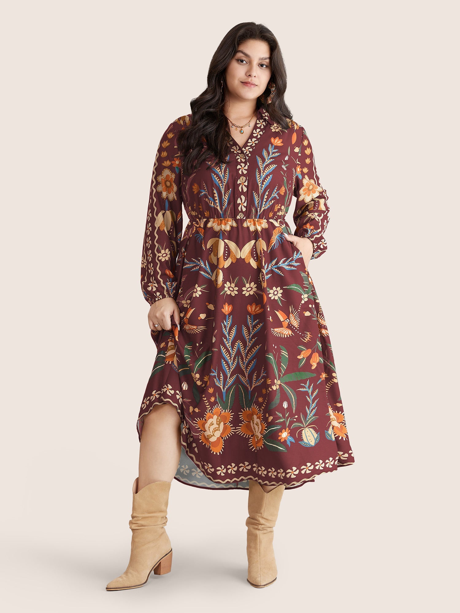 Bandana Print Pocket Lapel Collar Elastic Cuffs Dress