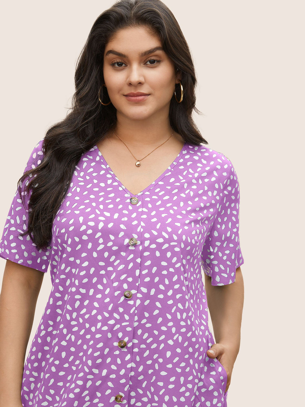 Polka Dot Button Detail Flutter Layered Hem Dress