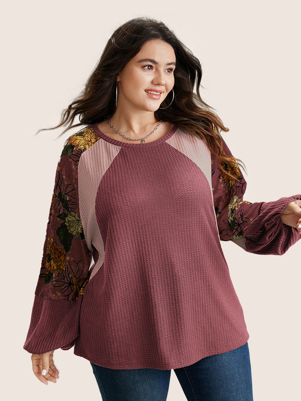 Waffle Knit Patchwork Floral Print T-shirt
