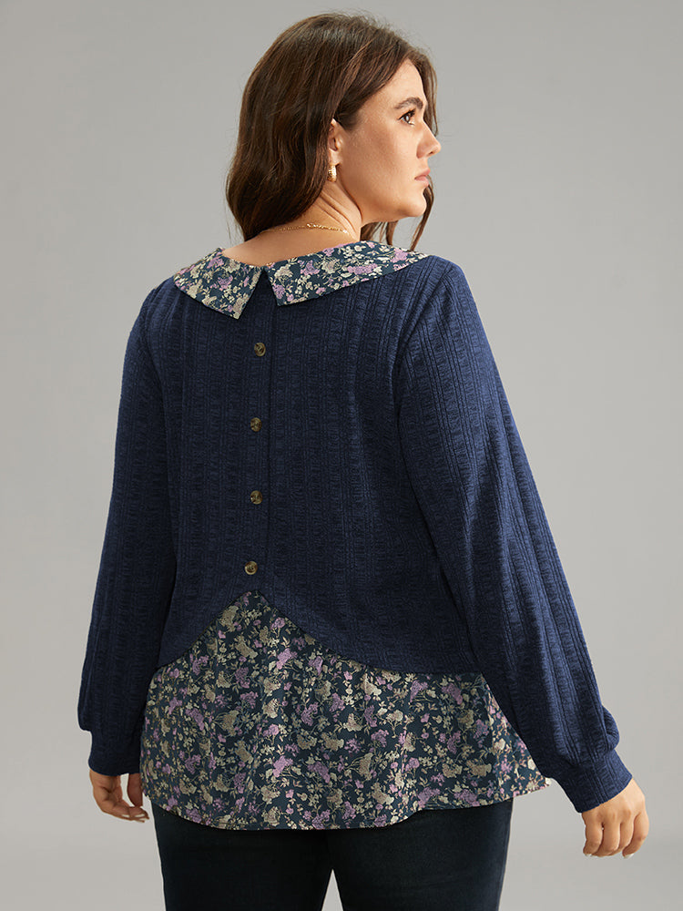 Ditsy Floral Patchwork Button Detail Lapel Collar T-shirt