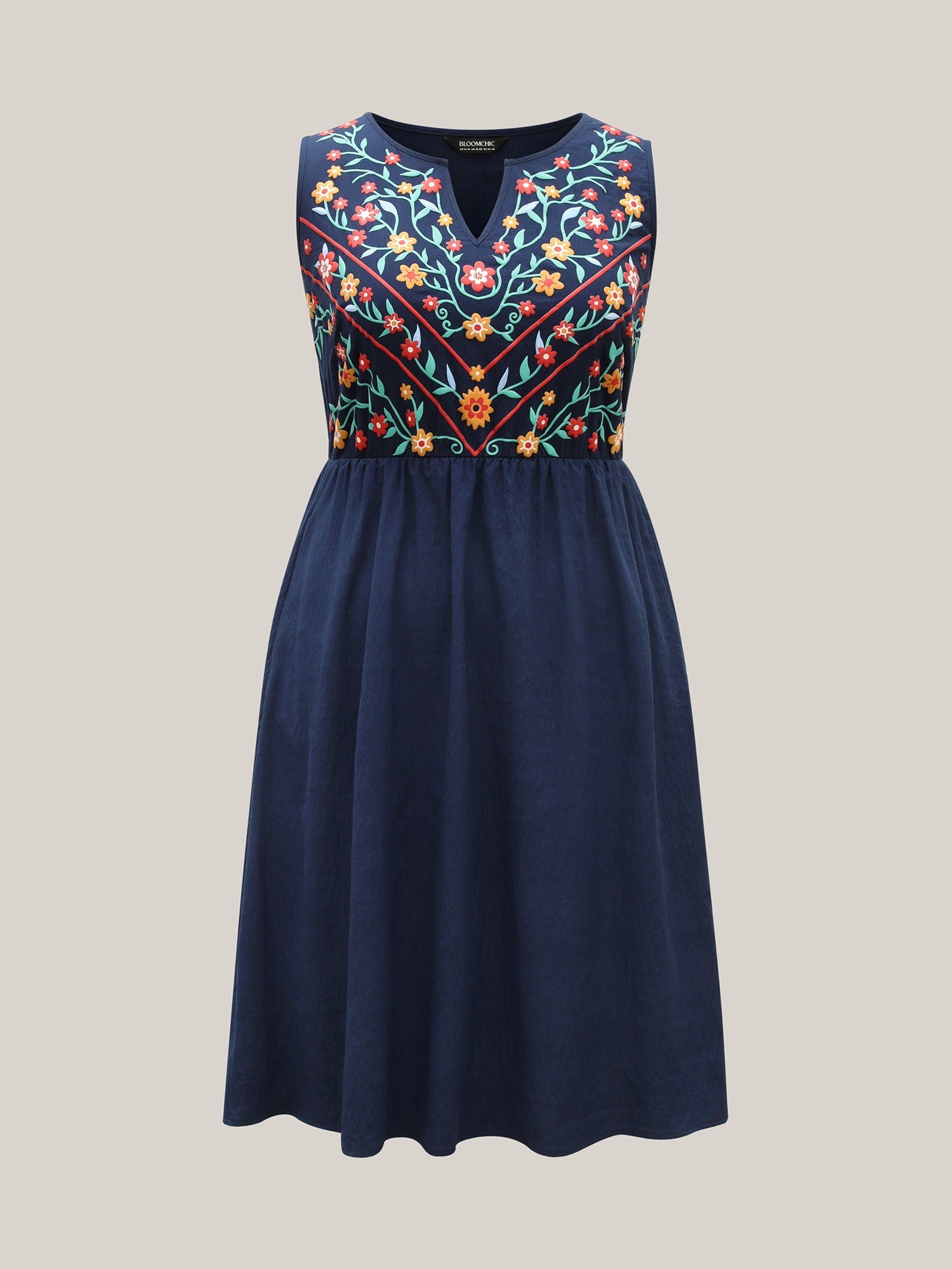 Imitation Embroidery Woven Sleeveless Midi Dress