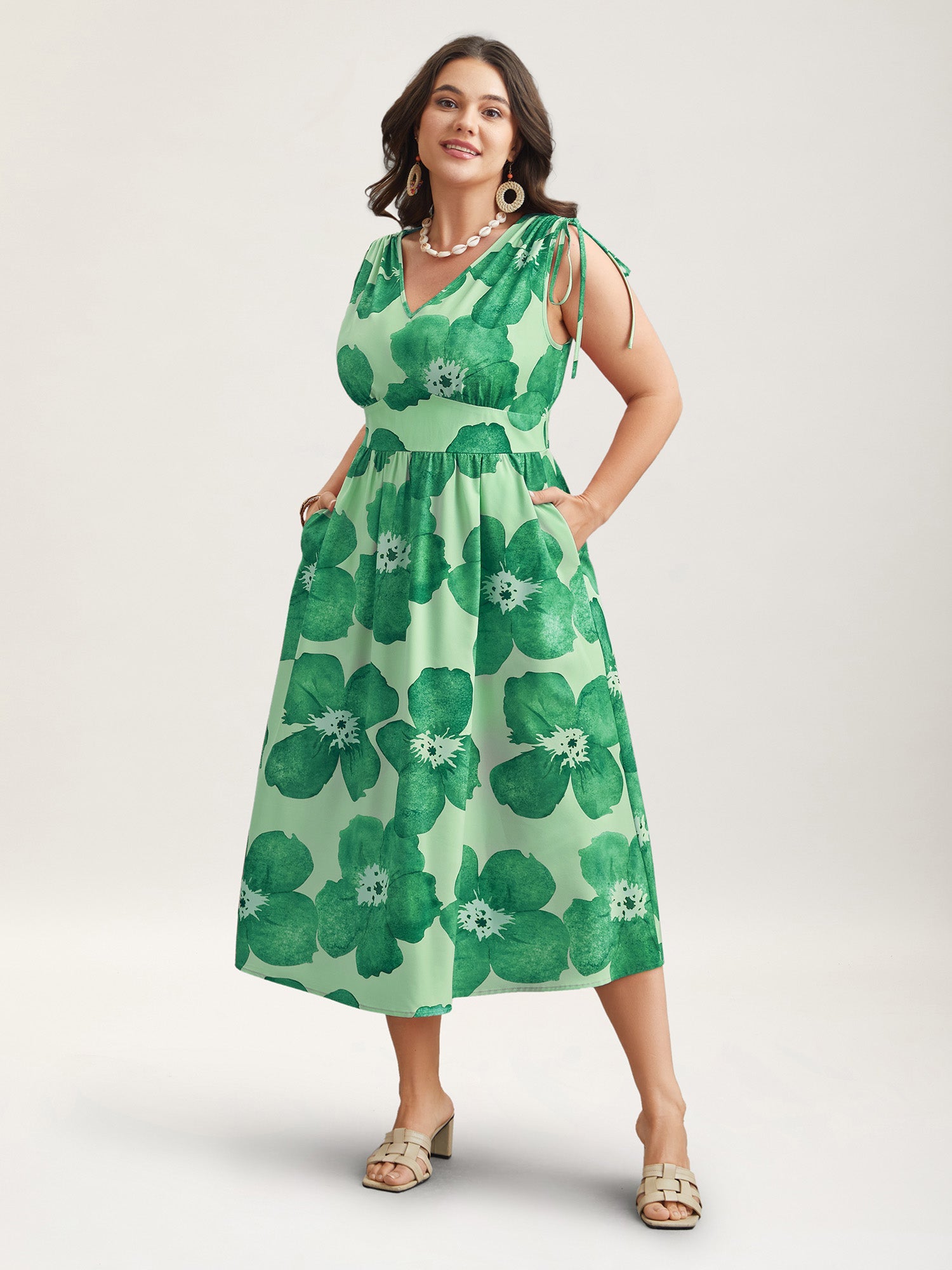 Floral Print V-Neck Tied Midi Dress