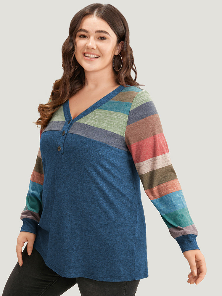 Colorblock Contrast V Neck Button Up T-shirt