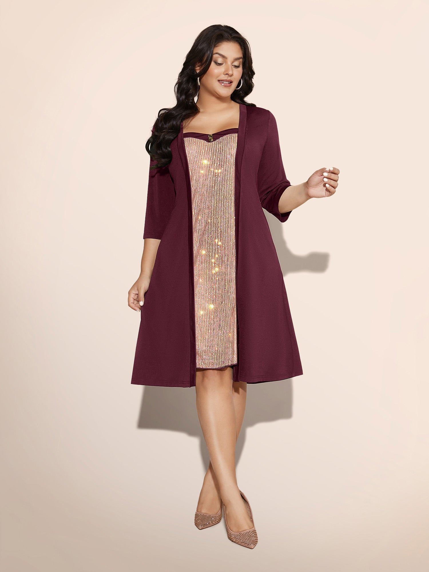 Heart Neckline Patchwork Sequin Button Detail Dress