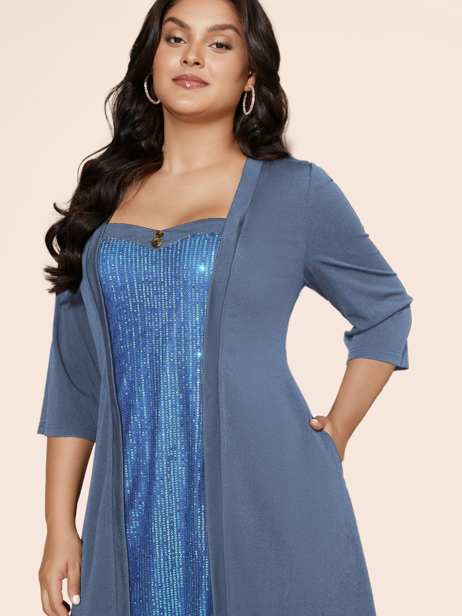 Heart Neckline Patchwork Sequin Button Detail Dress