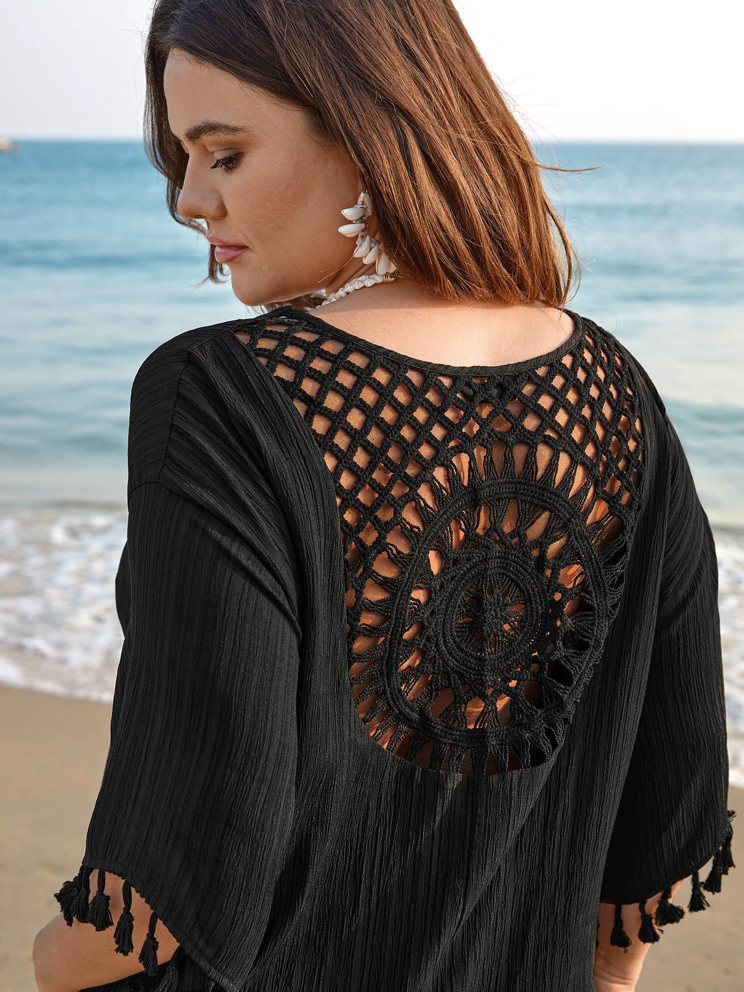 V-Neck Cut-Out Tassels Spliced Midi Dress