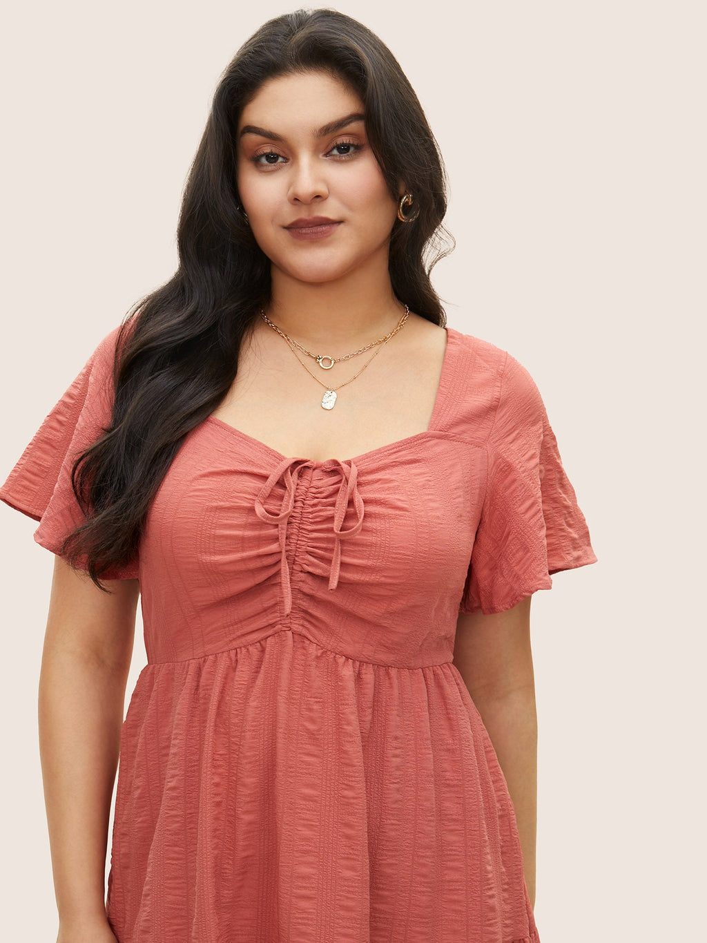 Plain Ruched Drawstring Pocket Ruffle Tiered Dress