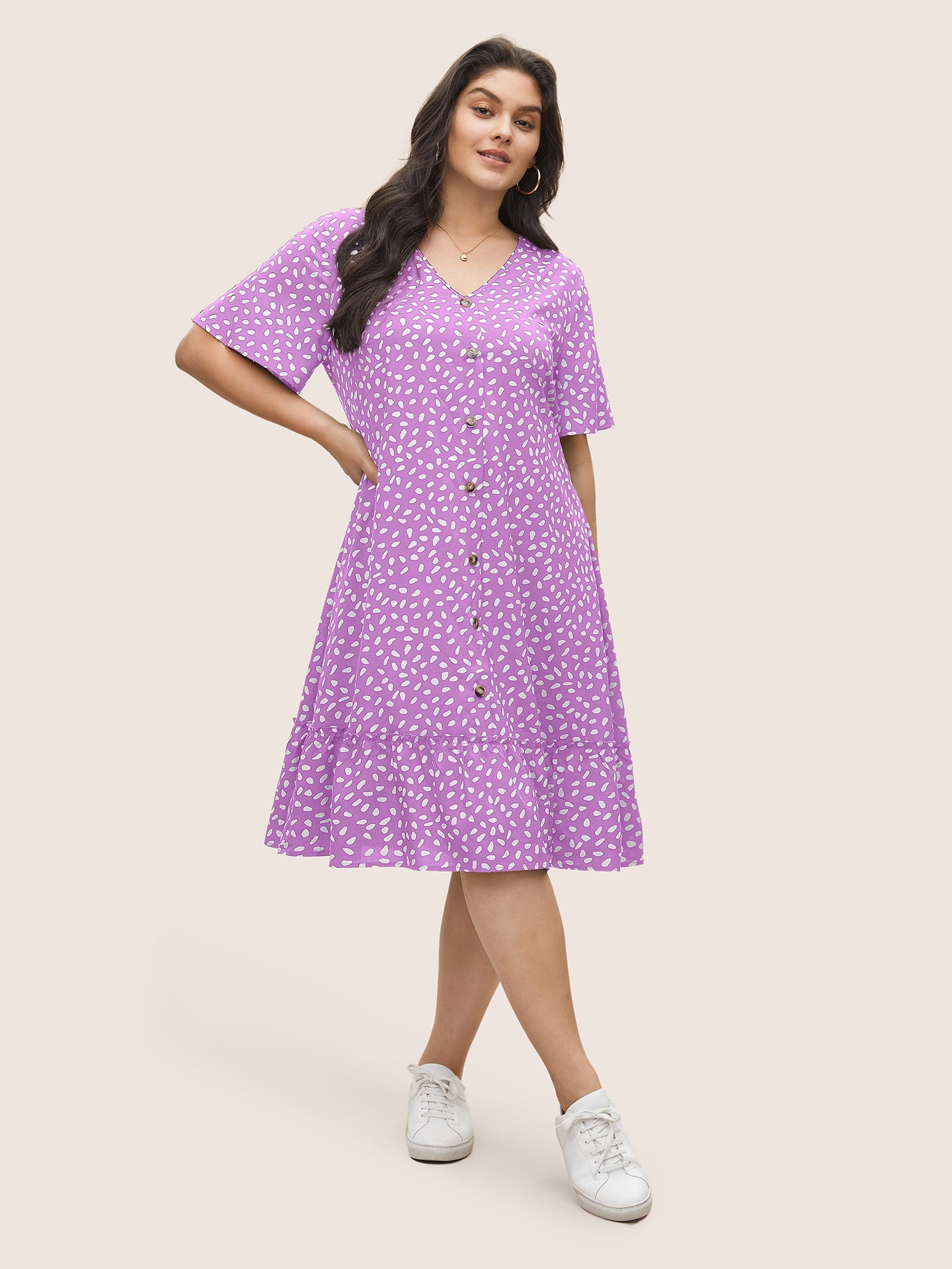 Polka Dot Button Detail Flutter Layered Hem Dress
