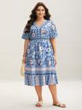 Boho Print Pockets V-Neck Midi Dress