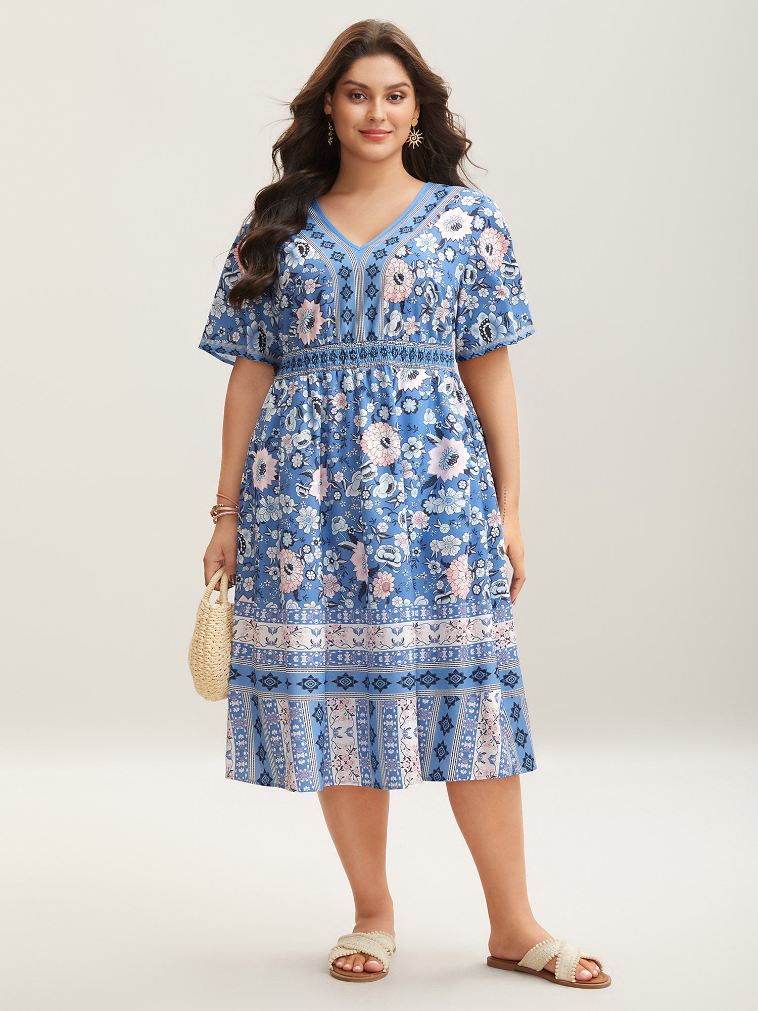 Boho Print Pockets V-Neck Midi Dress