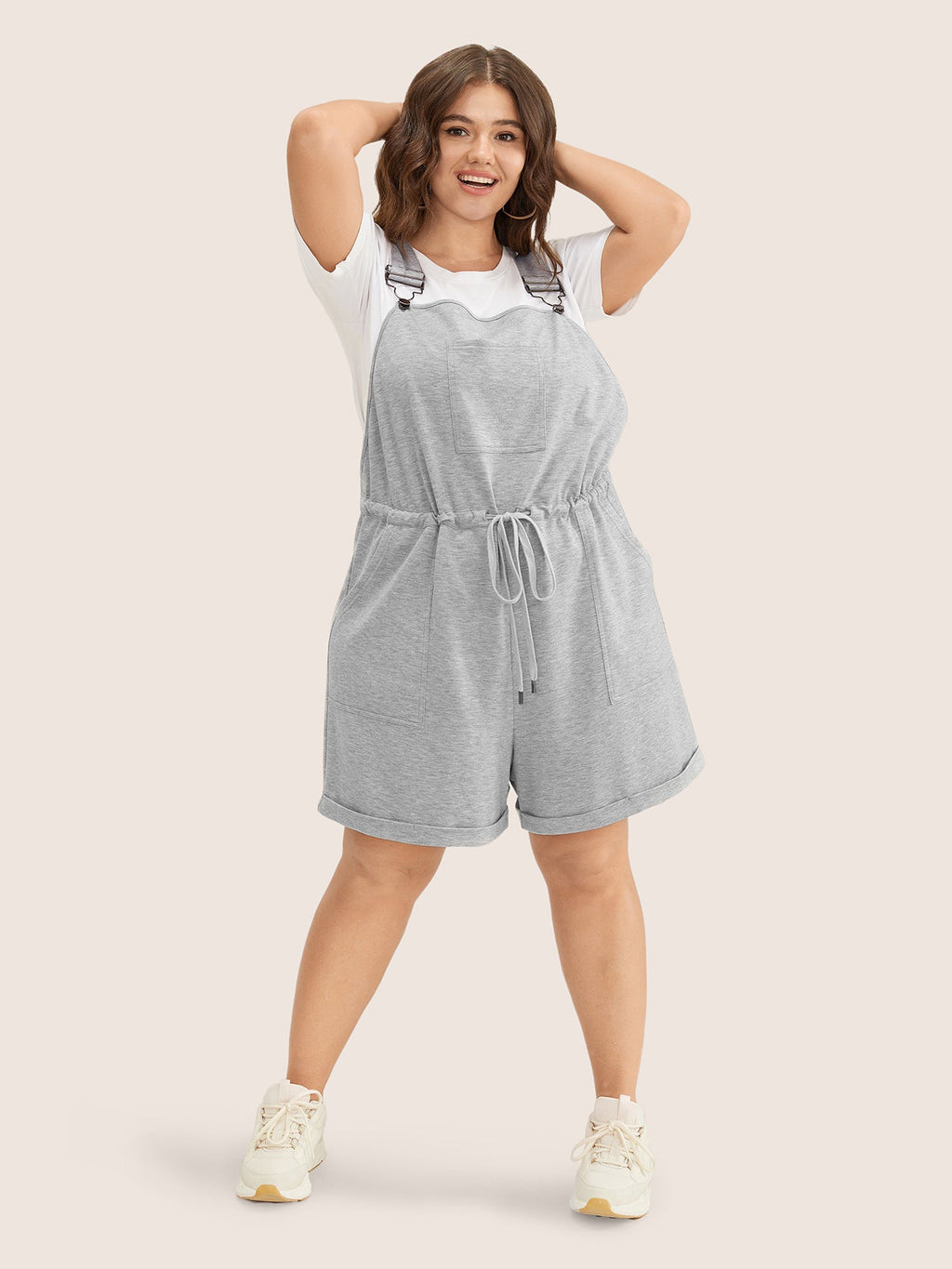 Solid Pocket Drawstring Overall Romper