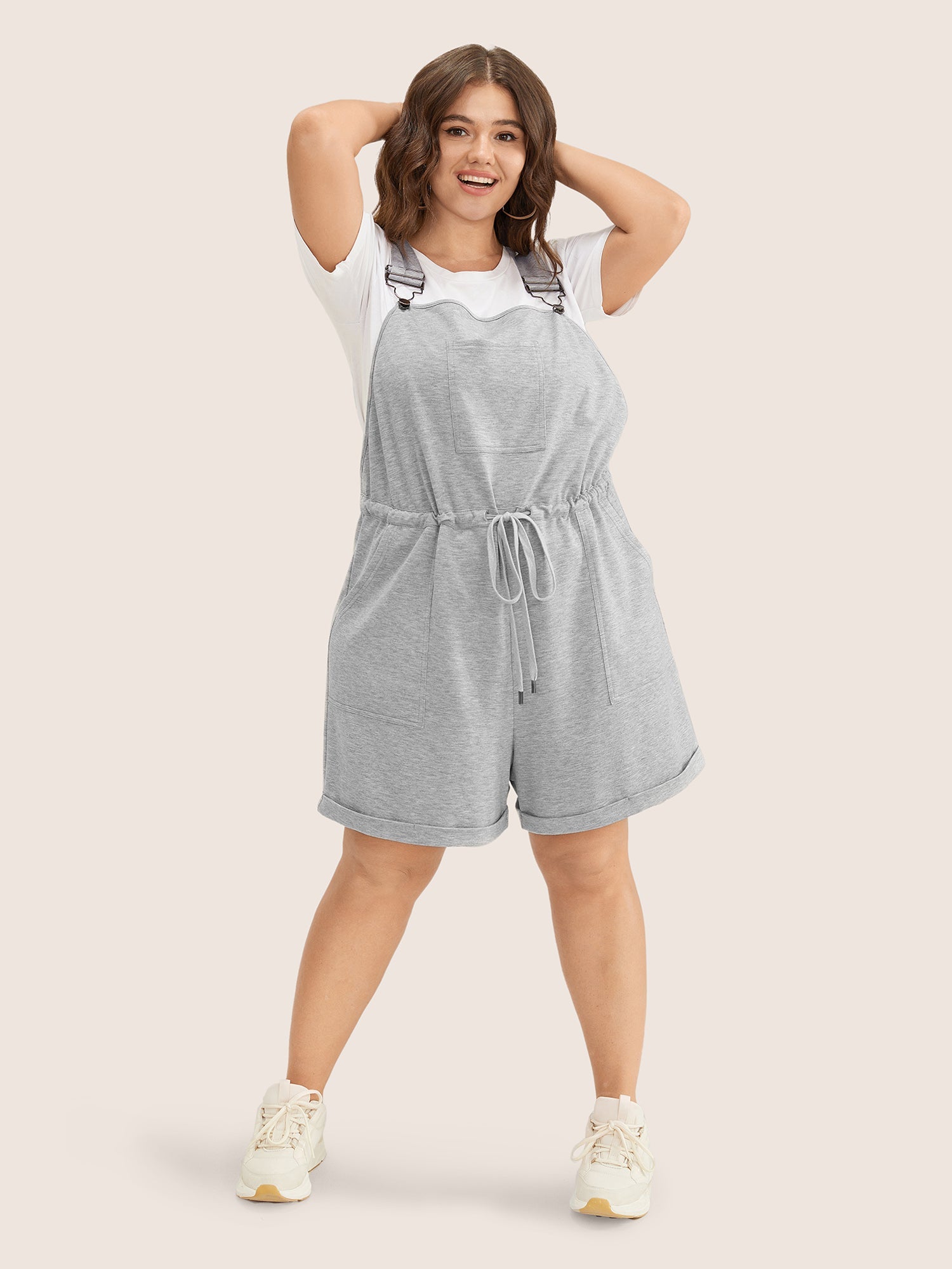 Solid Pocket Drawstring Overall Romper