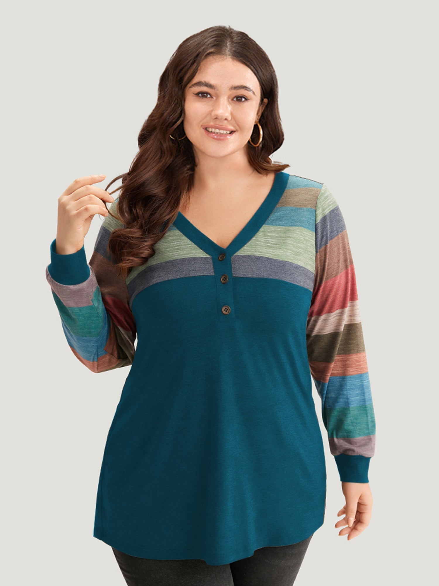 Colorblock Contrast V Neck Button Up T-shirt