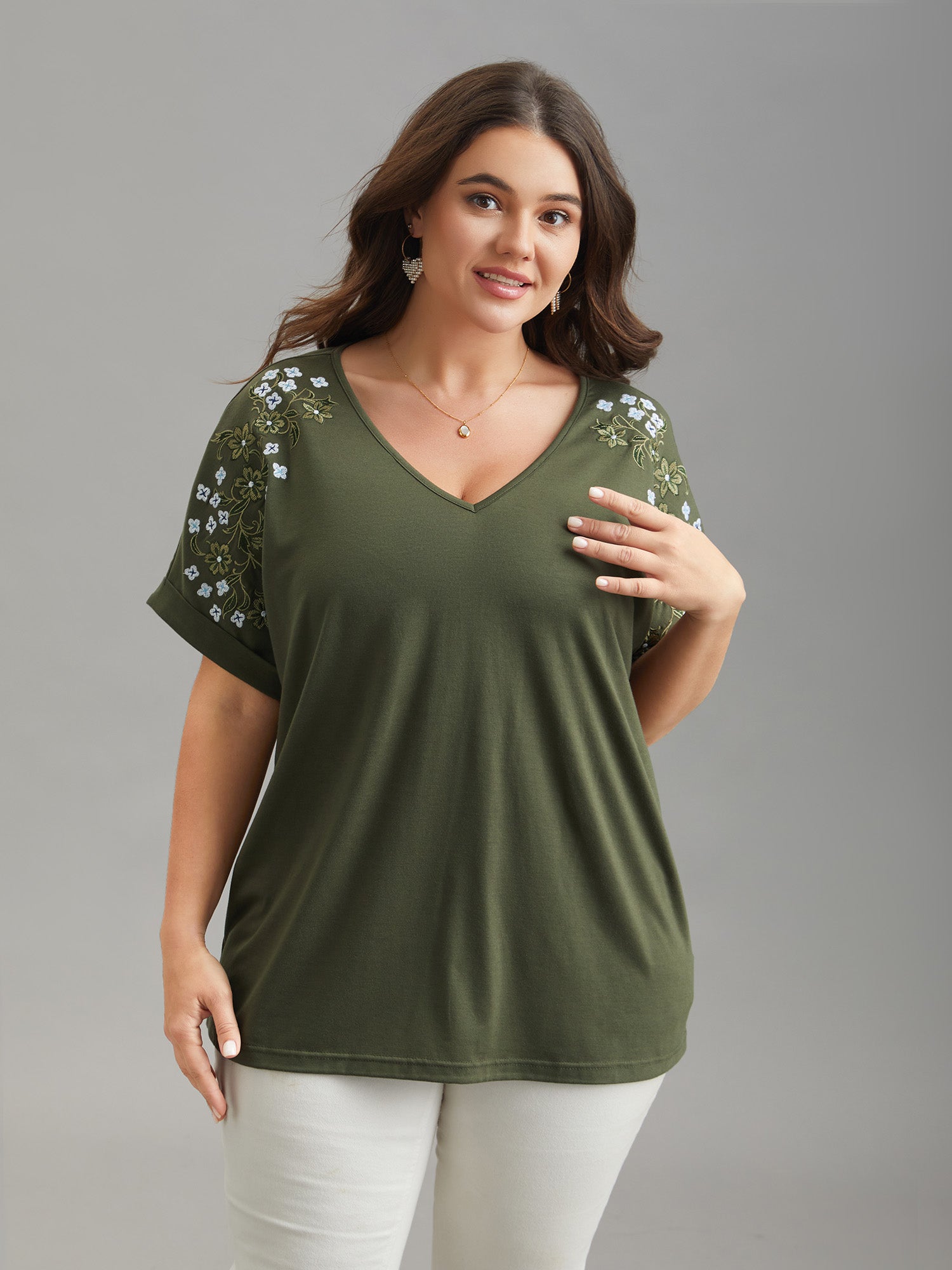 Stretchy Embroidered Drop Shoulder T-Shirt