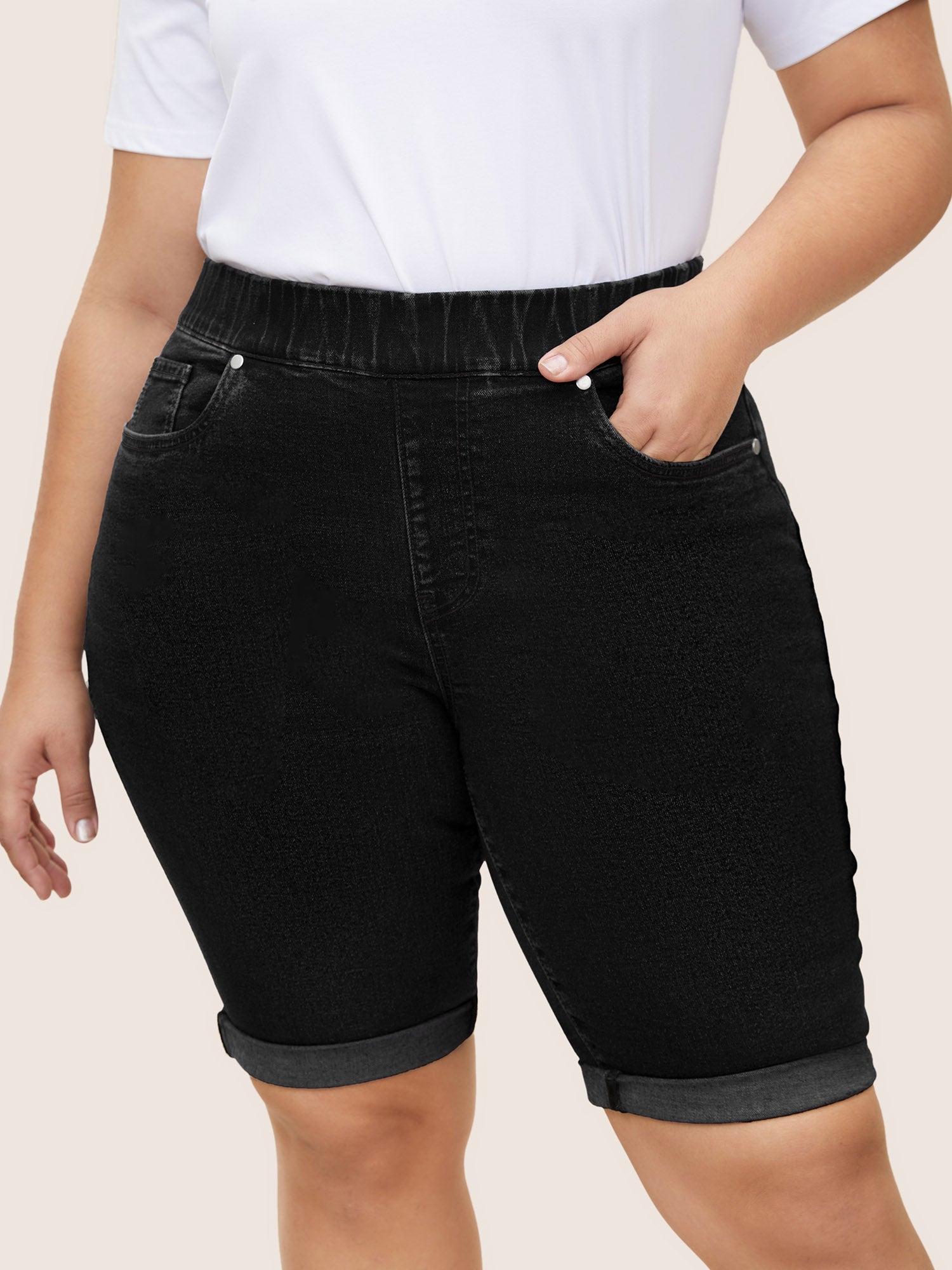 Roll Hem Elastic Waist Dark Wash Denim Shorts