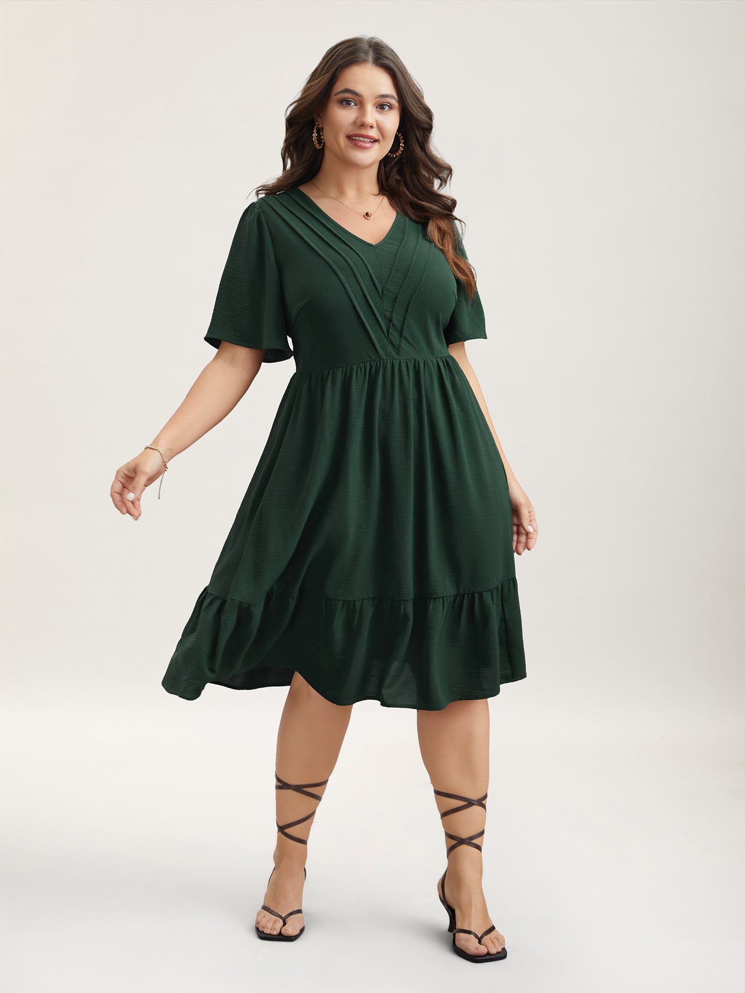Bib-Front V-Neck Pockets Tiered Midi Dress