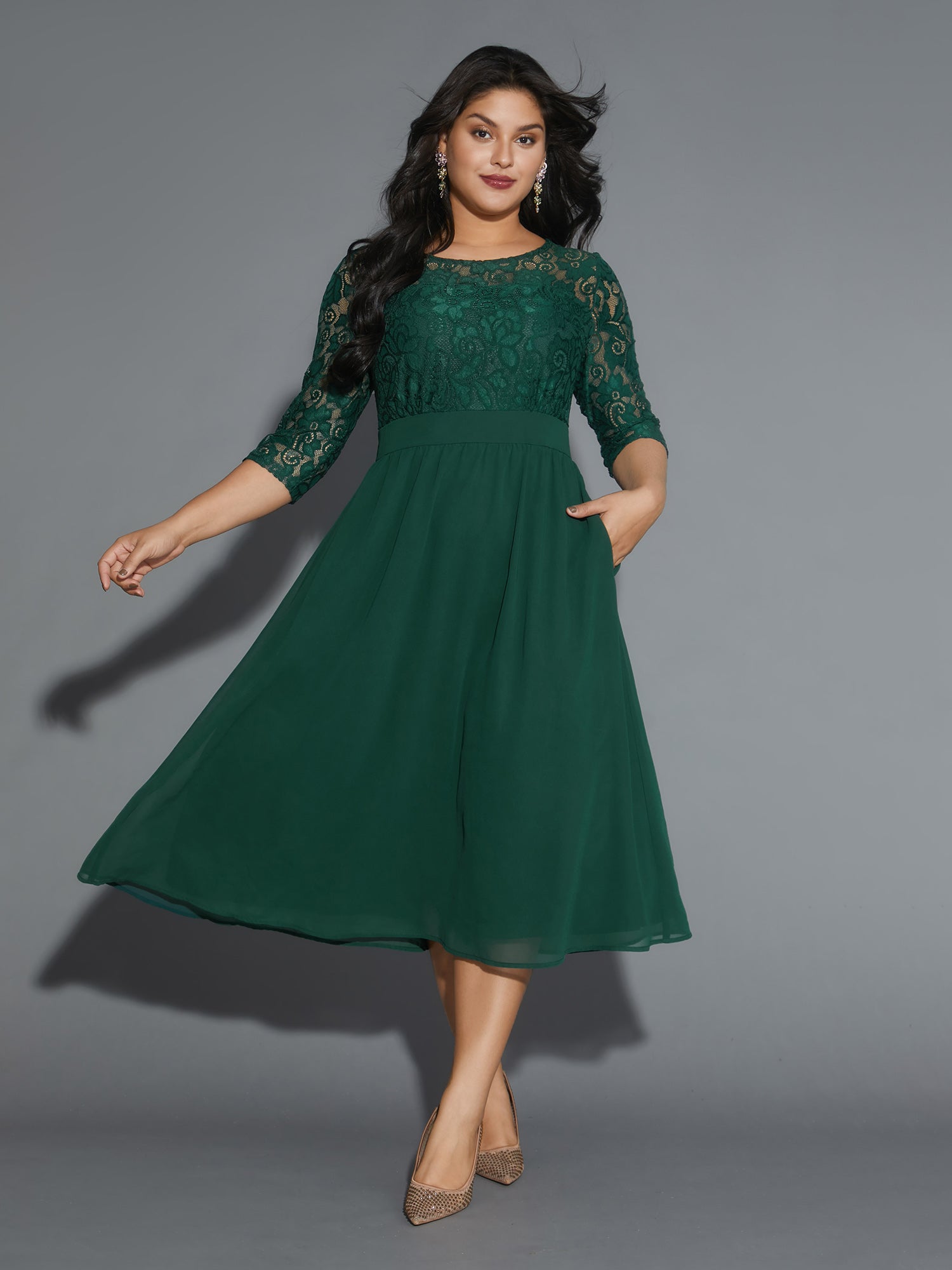 Lace Patchwork Shirred Midi Pocket Dress