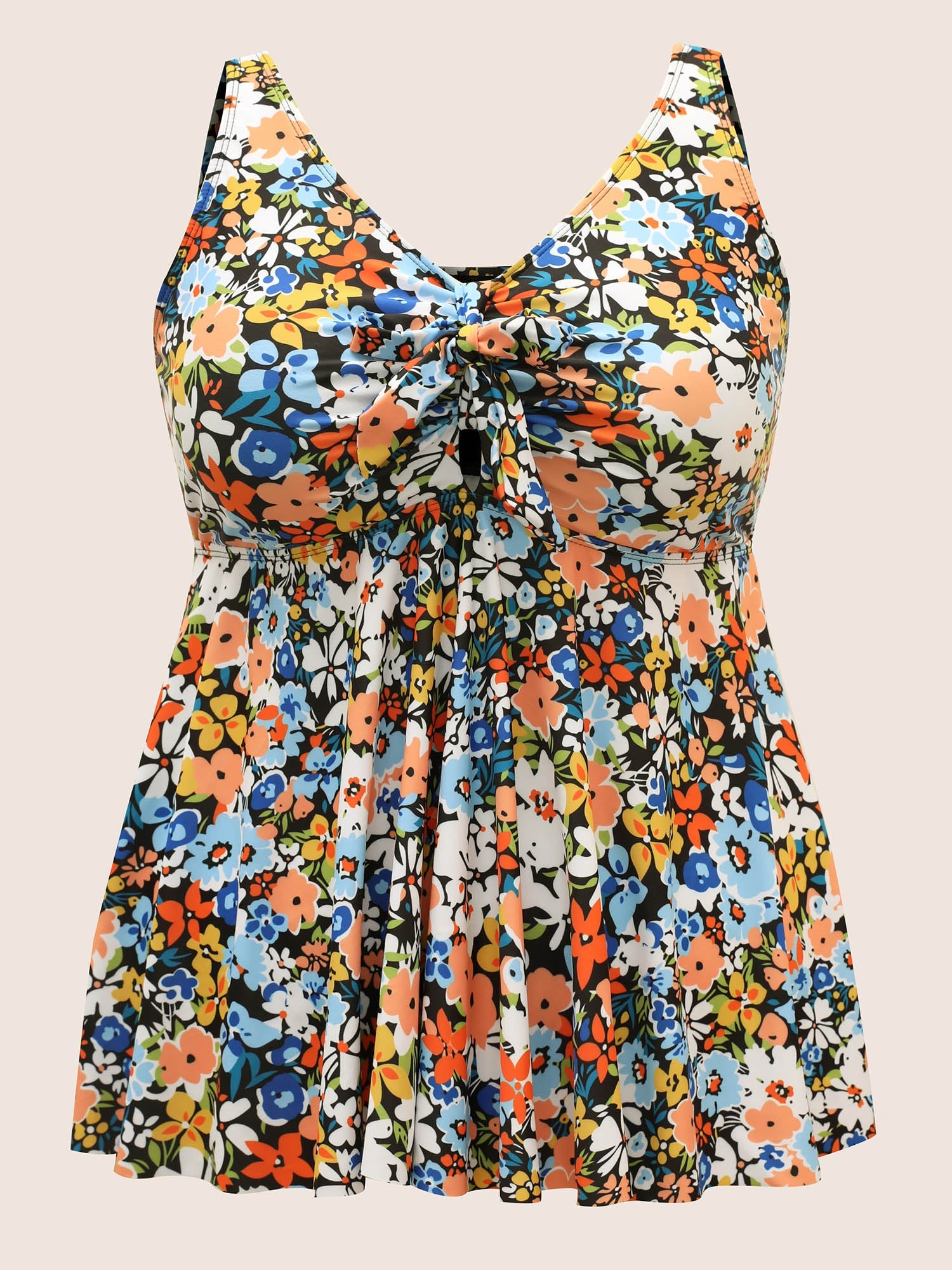 Colored Floral Print Knotted Gathered Swim Top