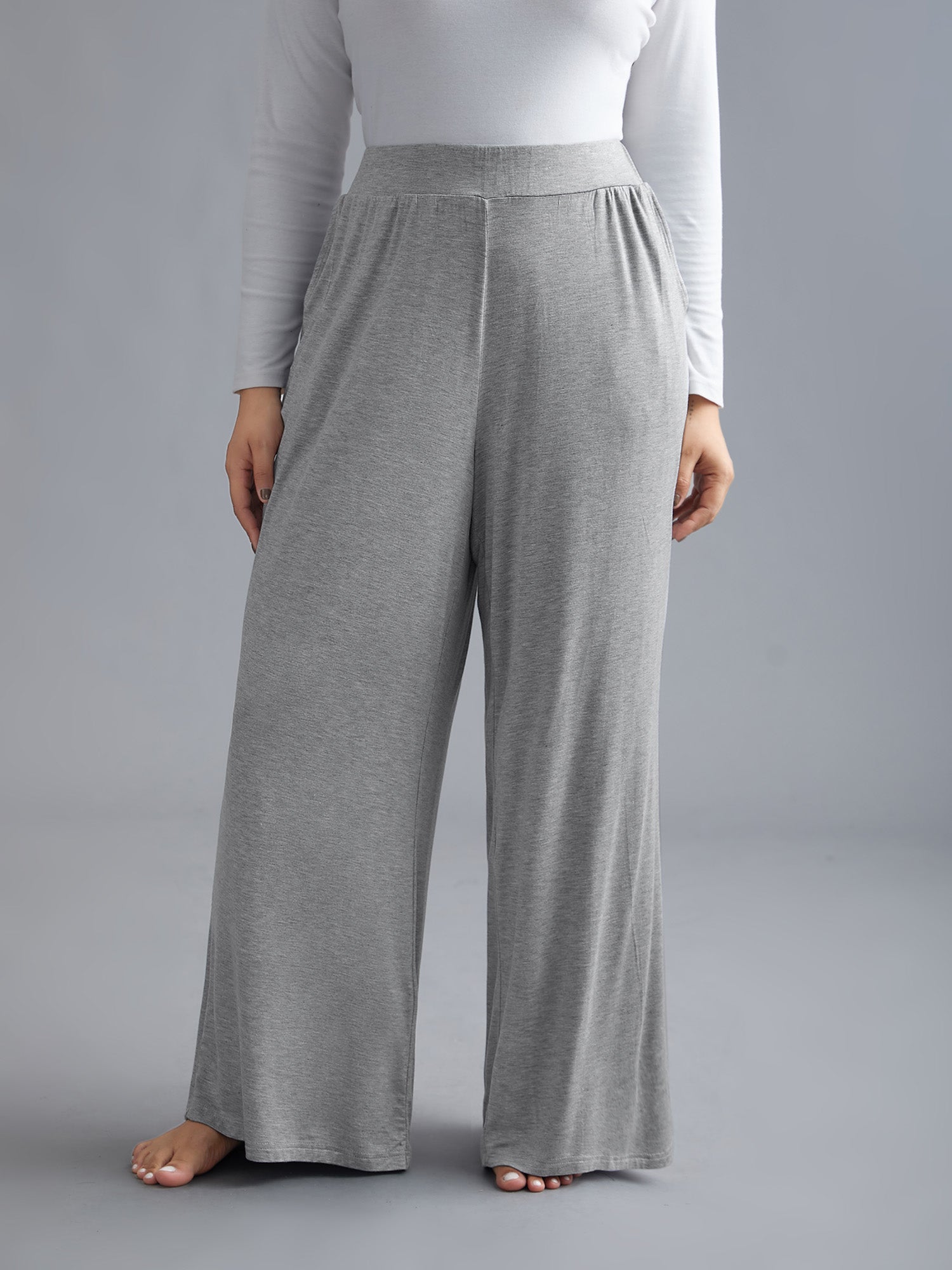 Solid Elastic Waist Wide Leg Lounge Bottoms