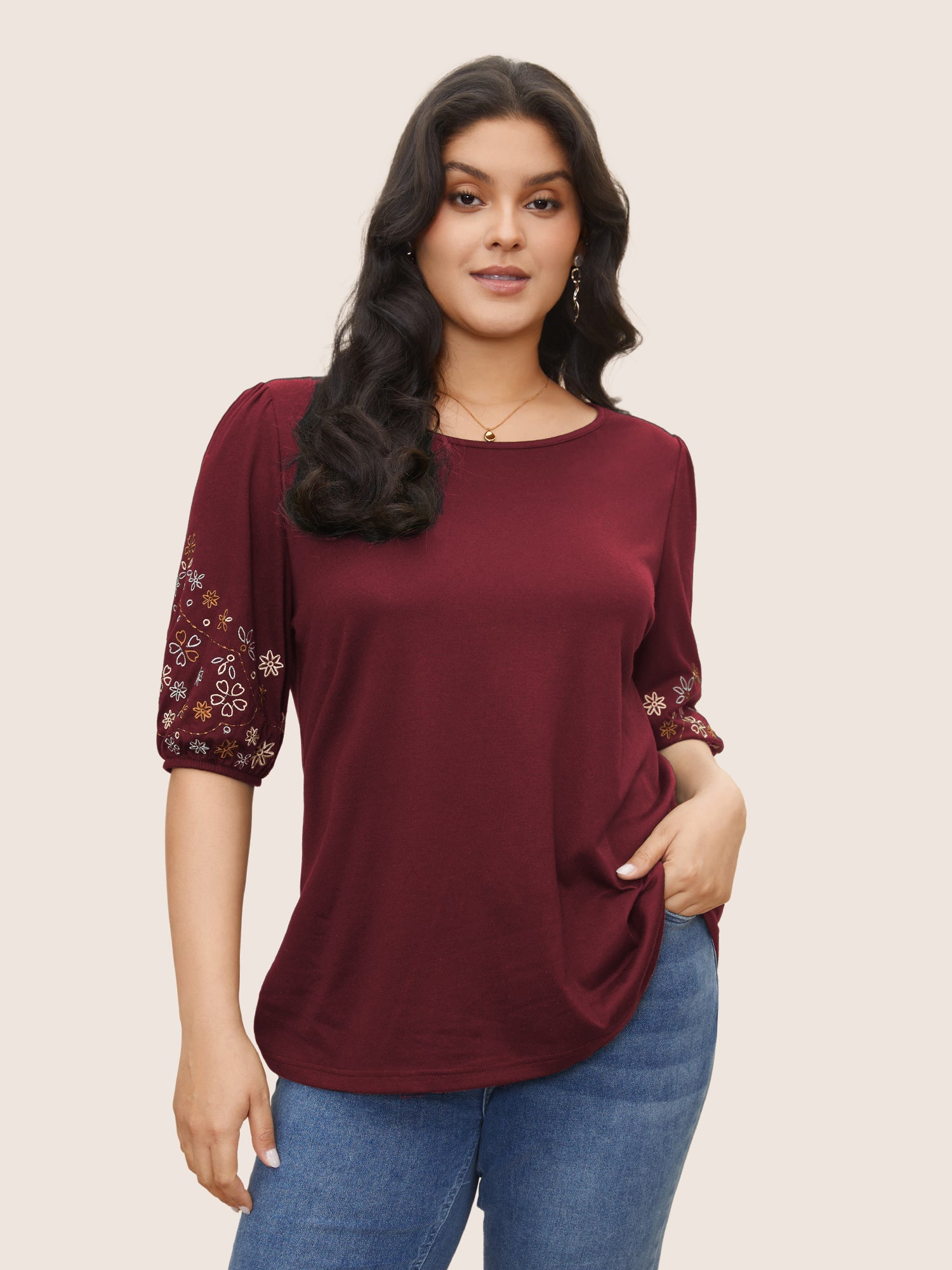 Floral Embroidered Crew Neck Puff Sleeve T-shirt