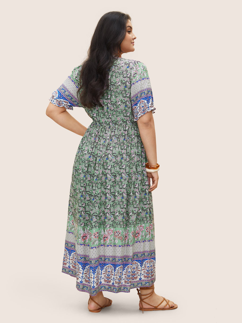 Boho Print Notched Ties Tassel Trim Dress