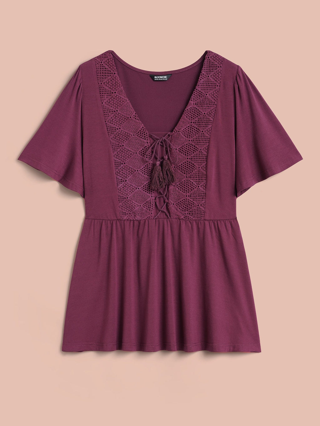Lace-Up Tassels Patchwork Plain Top
