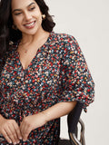 Floral Print Drawstring Pockets Flared Midi Dress