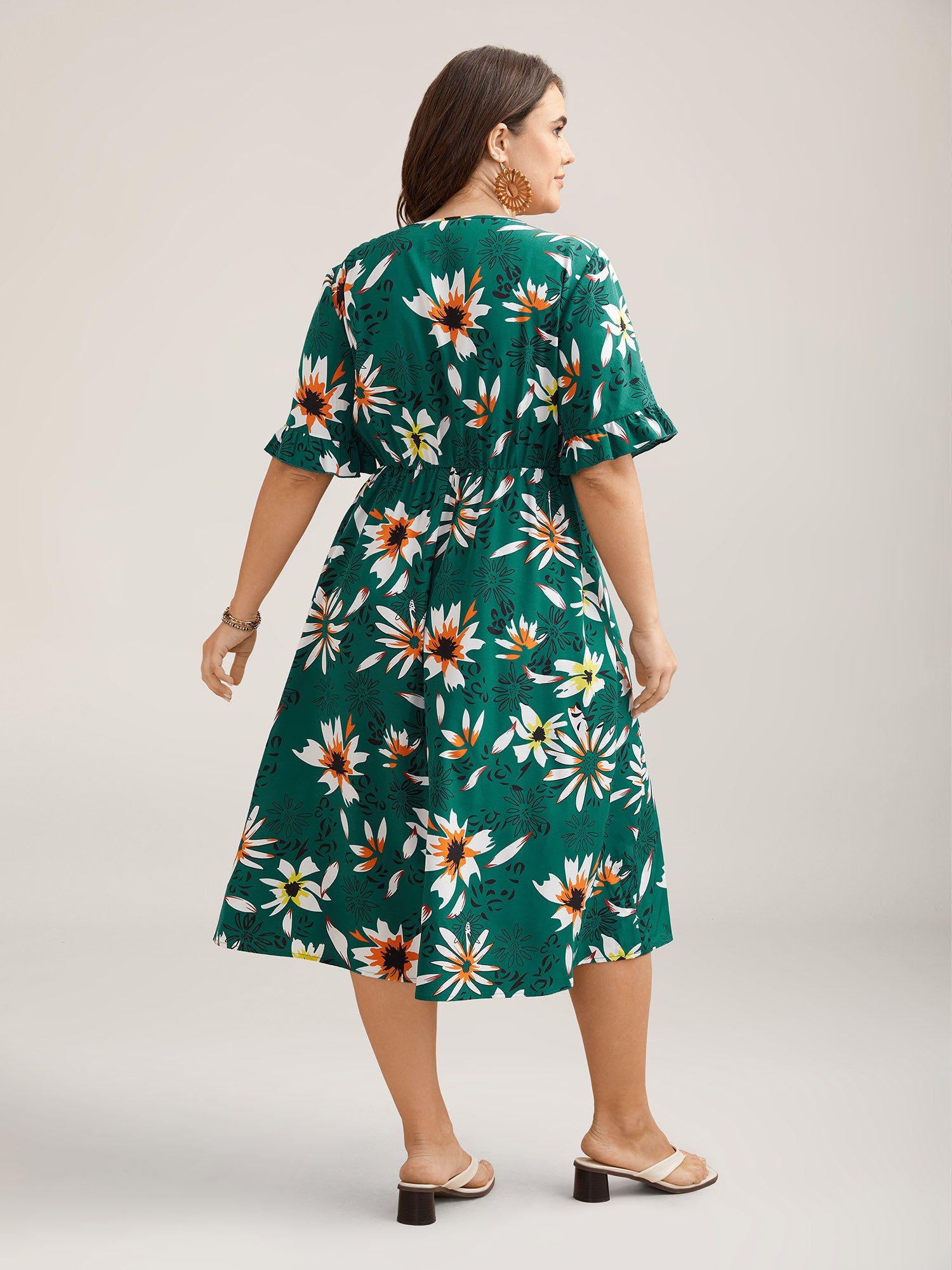 Spring Floral Print Pockets Ruffled Midi Dress