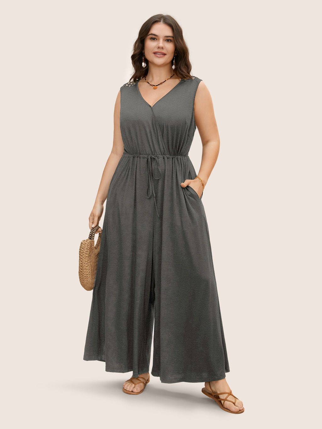 V Neck Crocheted Cut Out Jumpsuit