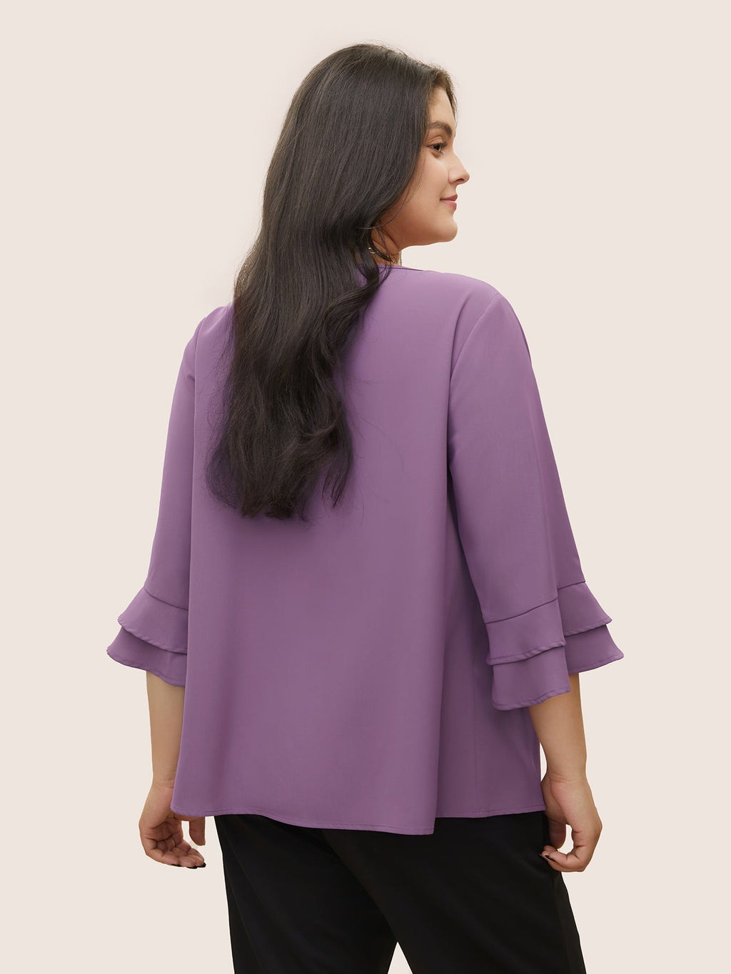 Solid Ribbon Tied Collar Bell Sleeve Blouse