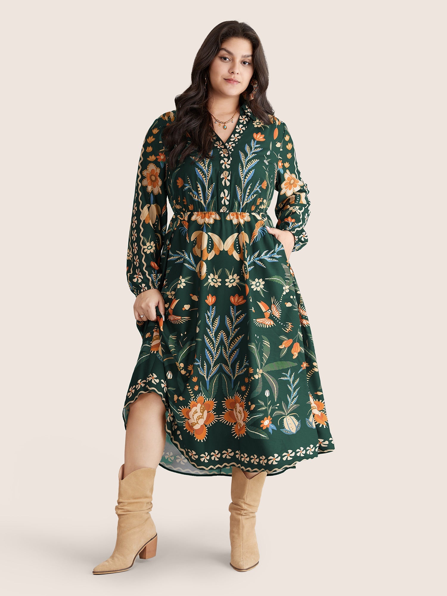 Bandana Print Pocket Lapel Collar Elastic Cuffs Dress