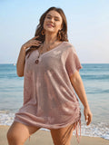 Heart Pattern Drawstring Textured Sheer Swim Cover-Up