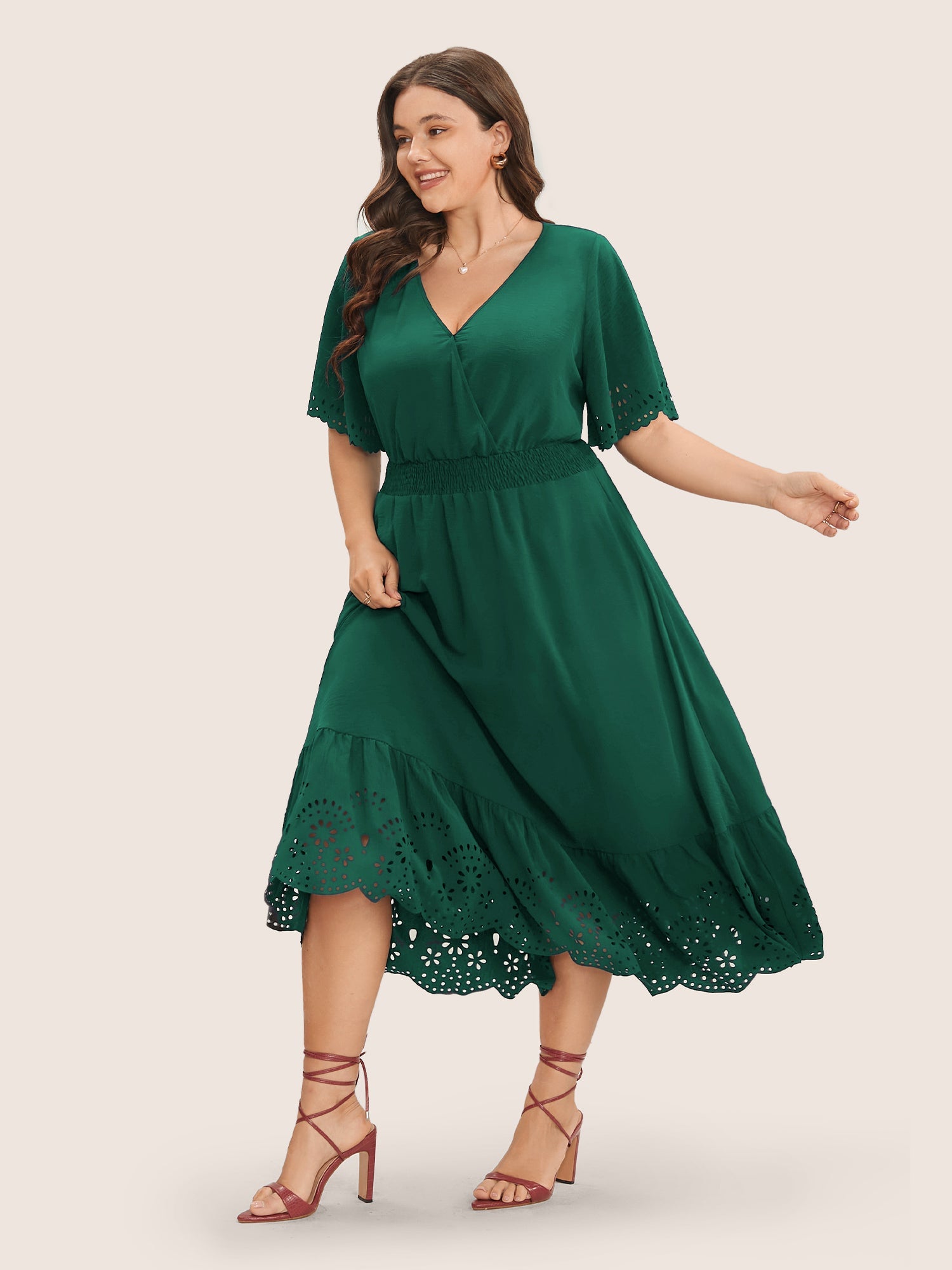Solid Laser Cut Shirred Pocket Wrap Scalloped Trim Flutter Dress