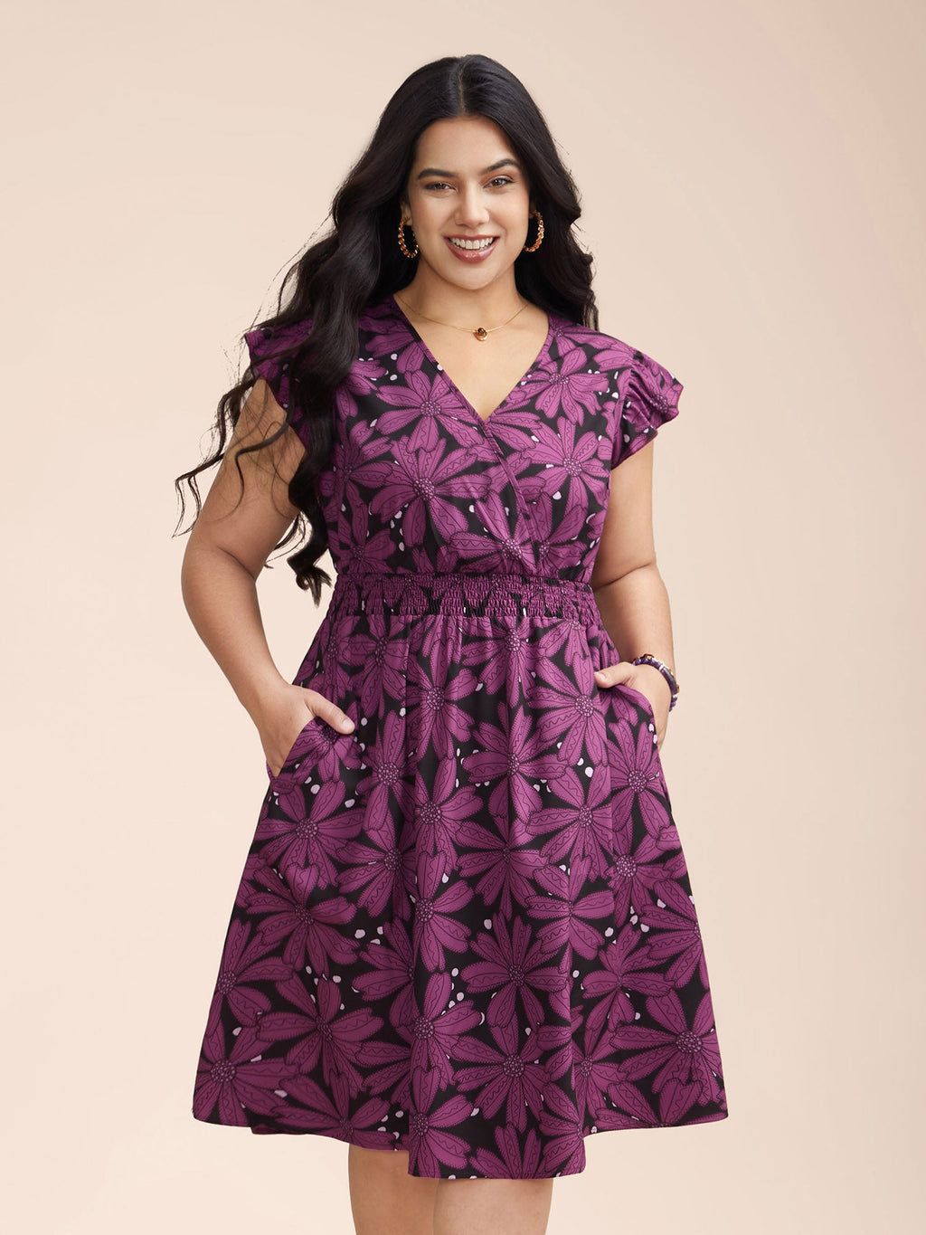 Surplice Neck Floral Shirred Elastic Waist Midi Dress