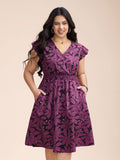 Surplice Neck Floral Shirred Elastic Waist Midi Dress