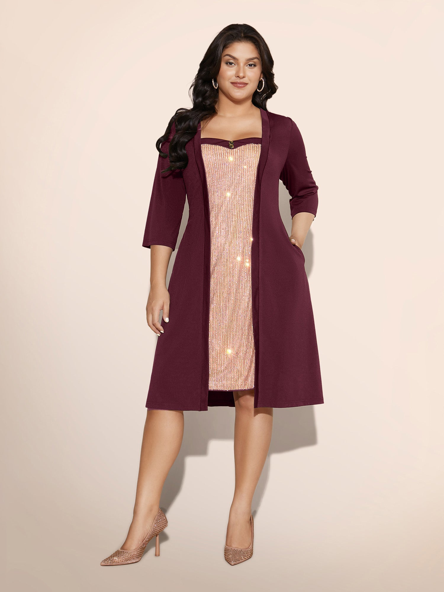 Heart Neckline Patchwork Sequin Button Detail Dress
