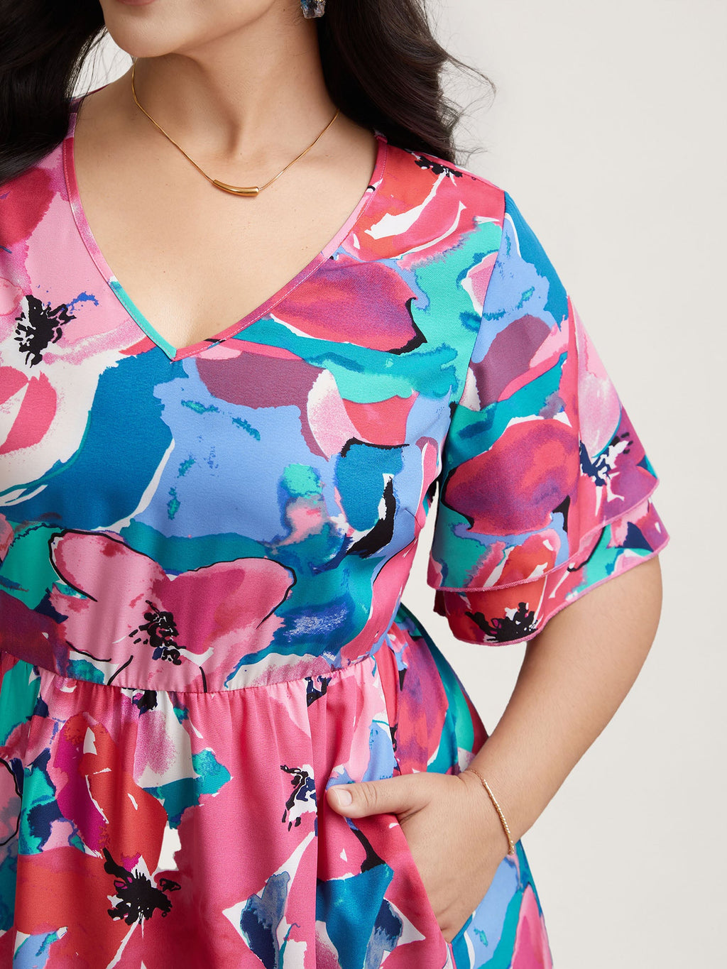Multi-Color Floral V-Neck Pockets Midi Dress